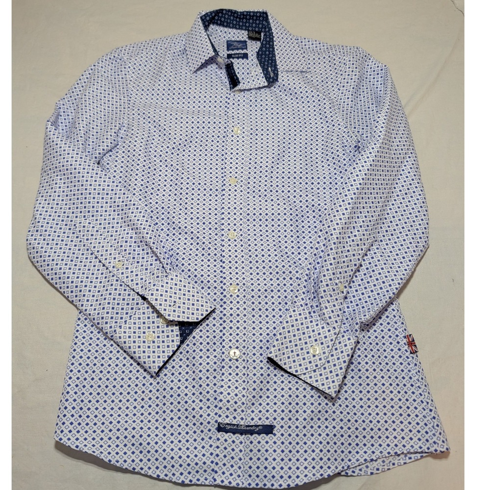 English Laundry Mens Slim Fit Shirt Blue White Geometric Diamond S 14.5 32/33